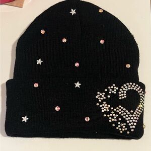 Black Rhinestone Heart Beanie Hat